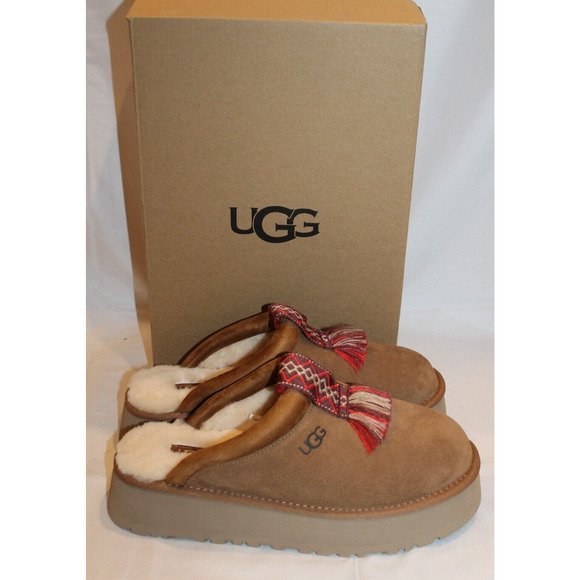 UGG WOMEN'S TAZZ PLATFORM SUEDE SHEARLING LINED SLIPPERS SZ 9 CHESTNUT - Picture 3 of 6